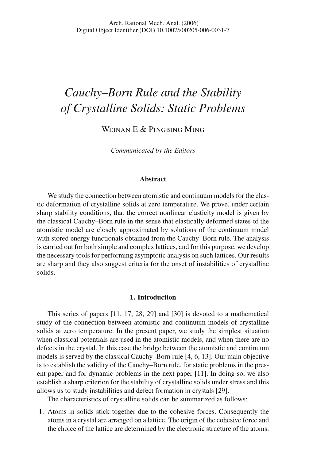 Cauchy–Born Rule and the Stability of Crystalline Solids: Static Problems