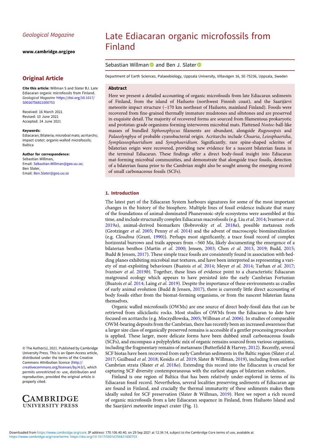 Late Ediacaran Organic Microfossils from Finland