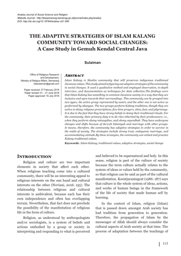 THE ADAPTIVE STRATEGIES of ISLAM KALANG COMMUNITY TOWARD SOCIAL CHANGES: a Case Study in Gemuh Kendal Central Java