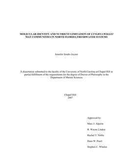 Molecular Identity and Nutrient Limitation of Lyngbya Wollei Mat Communities in North Florida Freshwater Systems