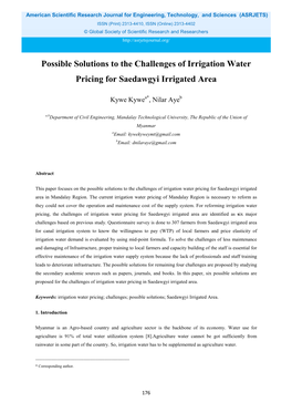 Possible Solutions to the Challenges of Irrigation Water Pricing for Saedawgyi Irrigated Area