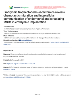 Embryonic Trophectoderm Secretomics Reveals Chemotactic Migration and Intercellular Communication of Endometrial and Circulating Mscs in Embryonic Implantation
