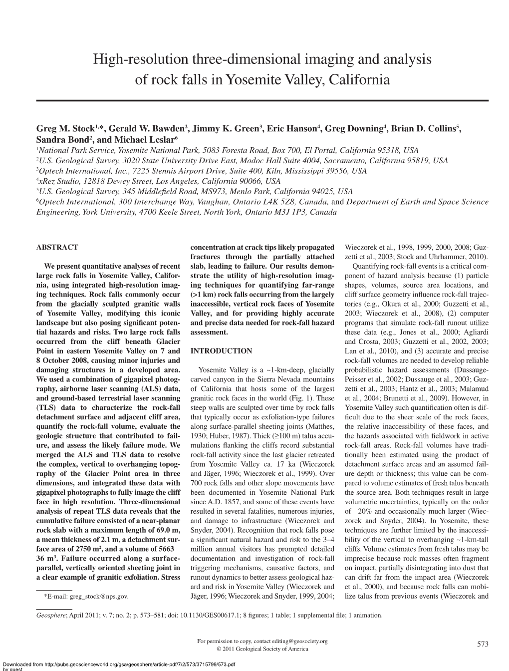 High-Resolution Three-Dimensional Imaging and Analysis of Rock Falls in Yosemite Valley, California