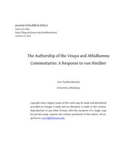 The Authorship of the Vinaya and Abhidhamma Commentaries: a Response to Von Hinüber