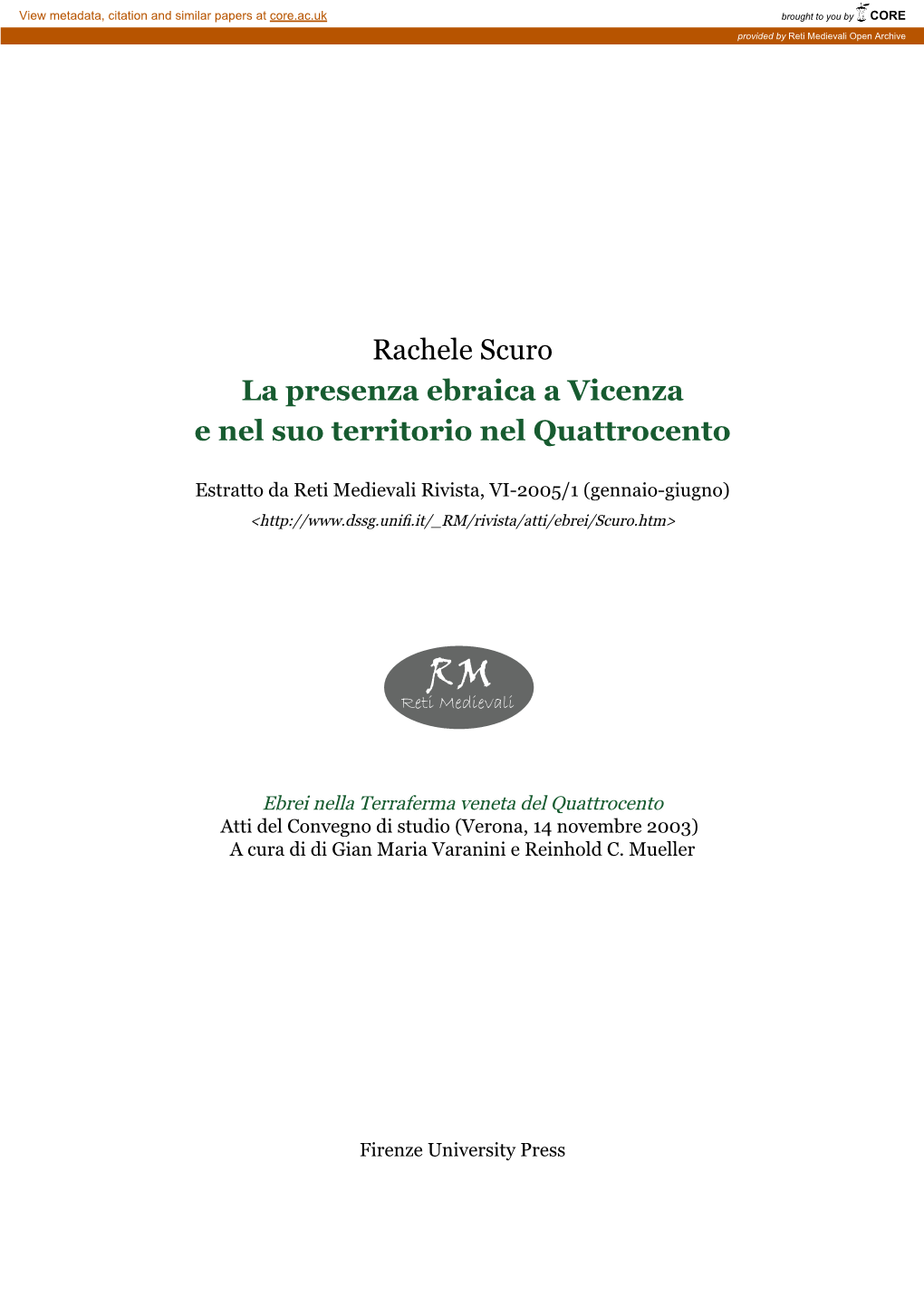 Rachele Scuro La Presenza Ebraica a Vicenza E Nel Suo Territorio Nel Quattrocento