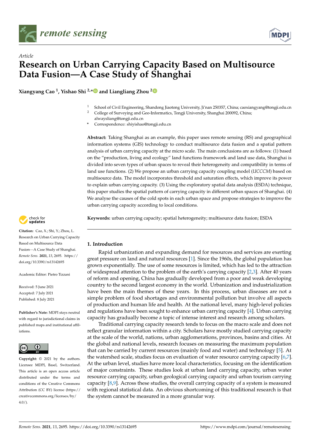 Research on Urban Carrying Capacity Based on Multisource Data Fusion—A Case Study of Shanghai