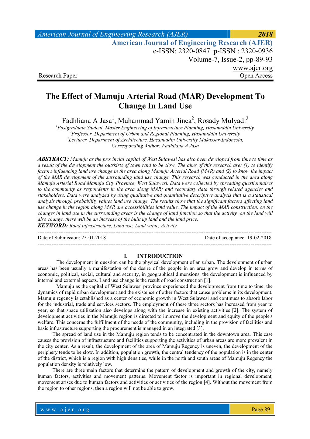 The Effect of Mamuju Arterial Road (MAR) Development to Change in Land Use