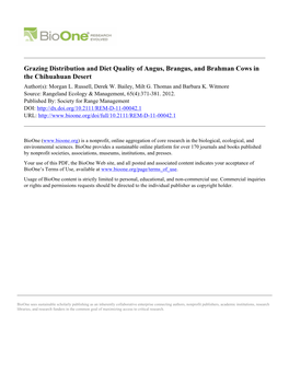 Grazing Distribution and Diet Quality of Angus, Brangus, and Brahman Cows in the Chihuahuan Desert Author(S): Morgan L