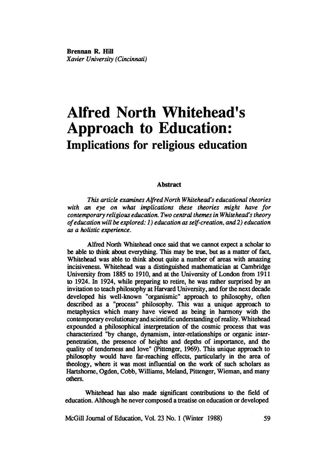 Alfred North Whitehead's Approach to Education: Implications for Religious Education