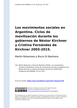 Los Movimientos Sociales En Argentina. Ciclos De Movilización Durante Los Gobiernos De Néstor Kirchner Y Cristina Fernández De Kirchner 2003-2015