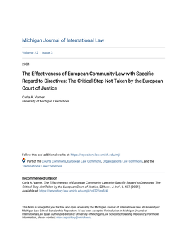 The Effectiveness of European Community Law with Specific Regard to Directives: the Critical Step Not Taken by the European Court of Justice