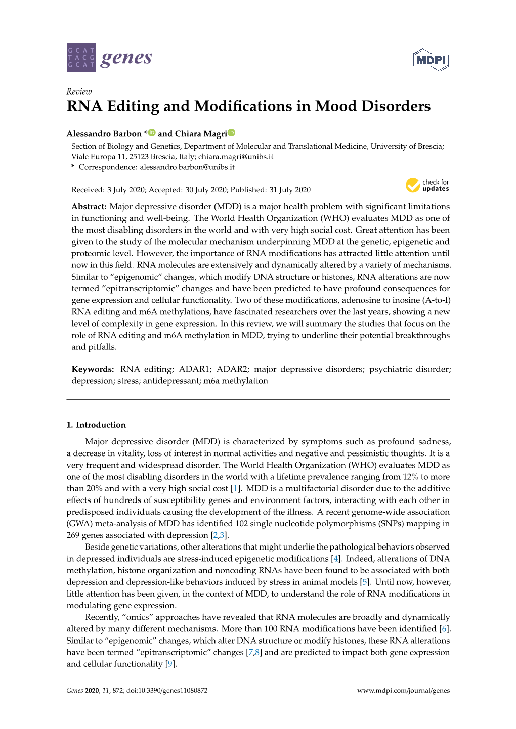 RNA Editing and Modifications in Mood Disorders