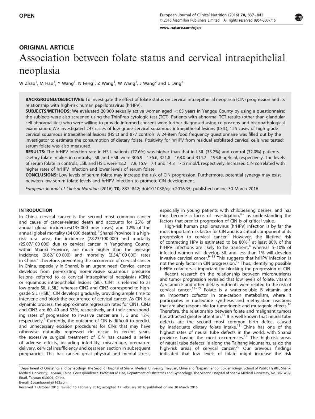 Association Between Folate Status and Cervical Intraepithelial Neoplasia