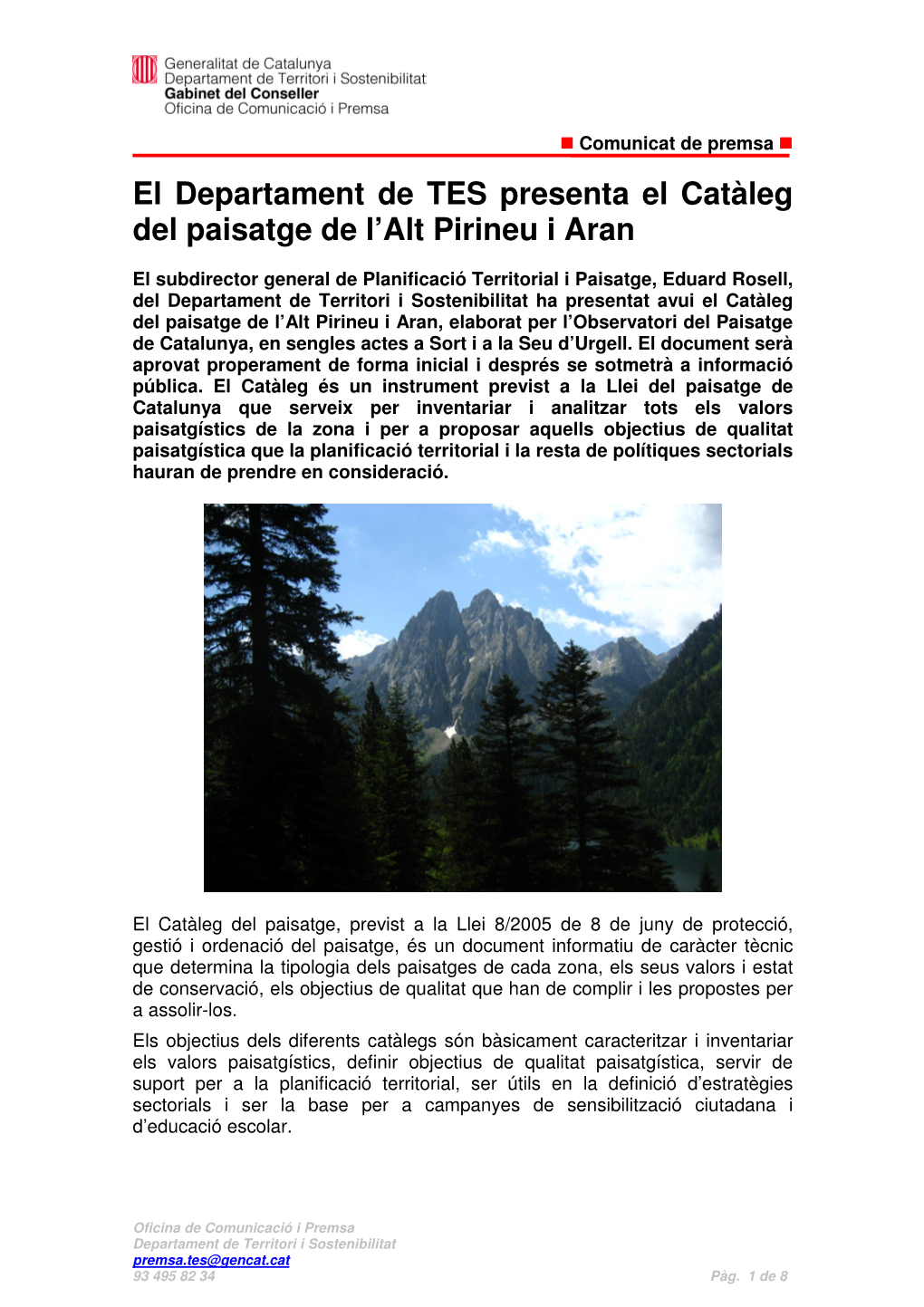 El Departament De TES Presenta El Catàleg Del Paisatge De L'alt Pirineu