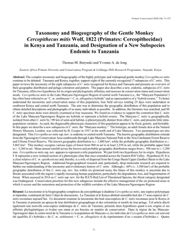 Taxonomy and Biogeography of the Gentle Monkey Cercopithecus Mitis
