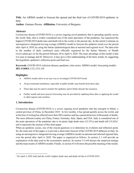 Title: an ARIMA Model to Forecast the Spread and the Final Size of COVID-2019 Epidemic in Italy