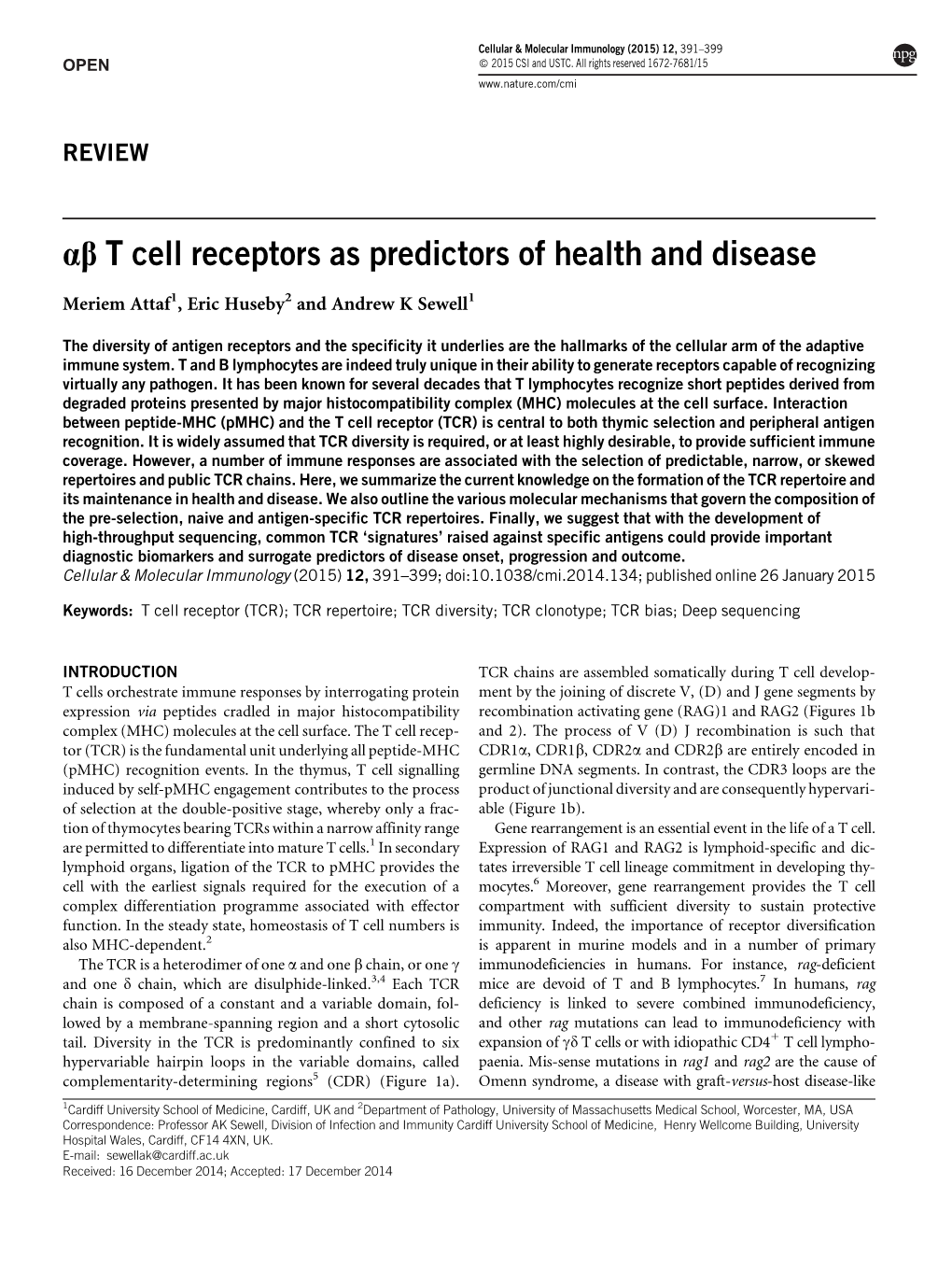 Ab T Cell Receptors As Predictors of Health and Disease