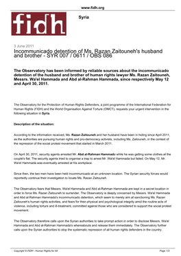 Incommunicado Detention of Ms. Razan Zaitouneh's Husband and Brother - SYR 007 / 0611 / OBS 086