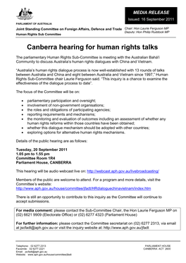 Canberra Hearing for Human Rights Talks