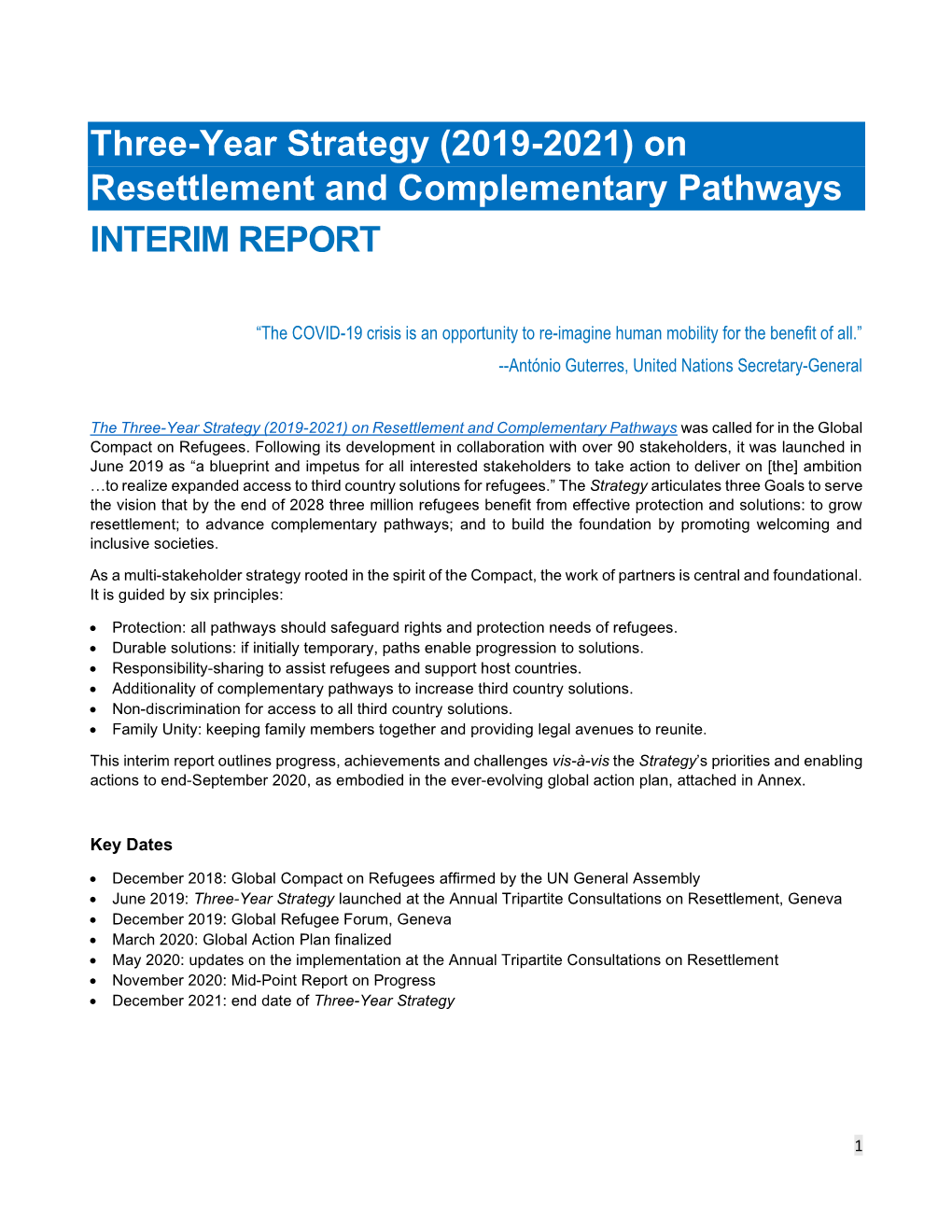 Three-Year Strategy (2019-2021) on Resettlement and Complementary Pathways INTERIM REPORT