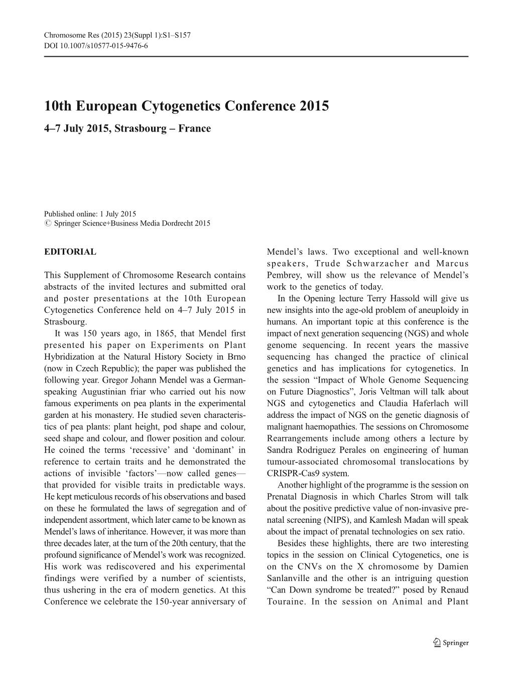 10Th European Cytogenetics Conference 2015 4–7 July 2015, Strasbourg – France