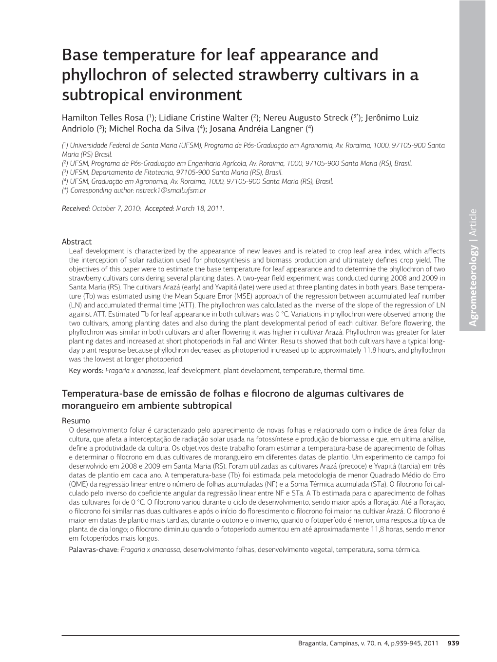 Base Temperature for Leaf Appearance and Phyllochron of Selected Strawberry Cultivars in a Subtropical Environment