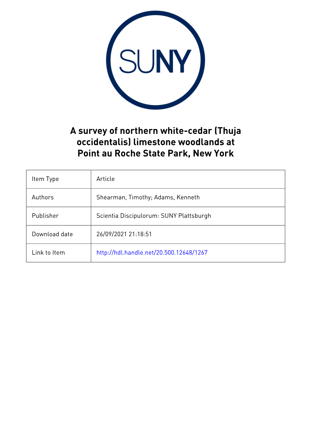 A Survey of Northern White-Cedar (Thuja Occidentalis) Limestone Woodlands at Point Au Roche State Park, New York