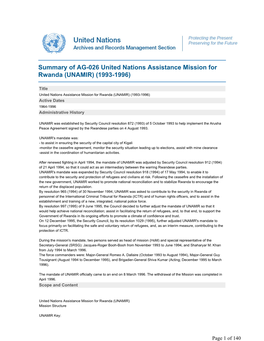 Summary of AG-026 United Nations Assistance Mission for Rwanda (UNAMIR) (1993-1996)