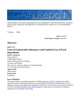 Lists of Undesirable Substances and Limited Uses of Feed Ingredients Morocco