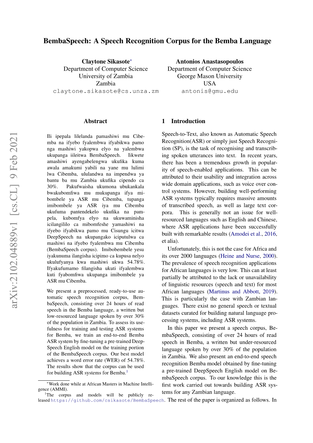 Bembaspeech: a Speech Recognition Corpus for the Bemba Language