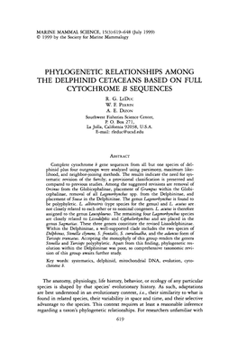 Phylogenetic Relationships Among the Delphinid Cetaceans Based on Full Cytochrome B Sequences R