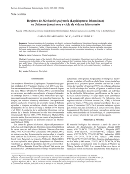 Registro De Mechanitis Polymnia (Lepidoptera: Ithomiinae) En Solanum Jamaicense Y Ciclo De Vida En Laboratorio