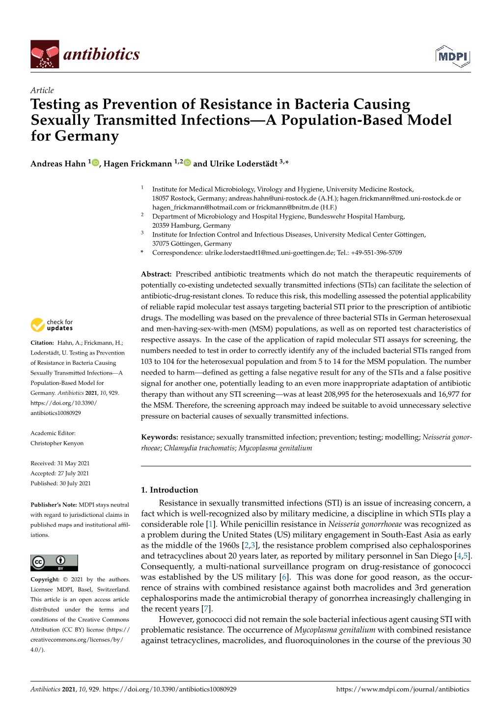 Testing As Prevention of Resistance in Bacteria Causing Sexually Transmitted Infections—A Population-Based Model for Germany