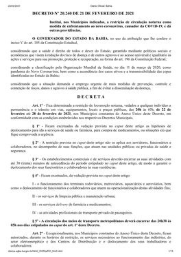 Decreto Nº 20.240, De 21 De Fevereiro De 2021