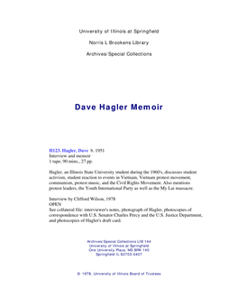 Dave Hagler Memoir