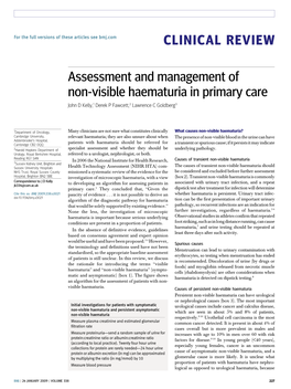 Assessment and Management of Non-Visible Haematuria in Primary Care John D Kelly,1 Derek P Fawcett,2 Lawrence C Goldberg3