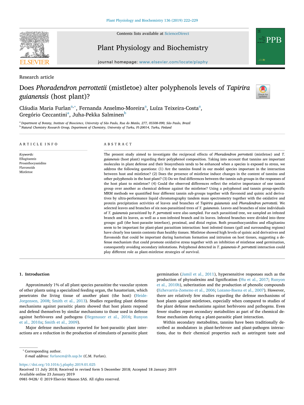 Does Phoradendron Perrottetii (Mistletoe) Alter Polyphenols Levels of Tapirira Guianensis (Host Plant)? T