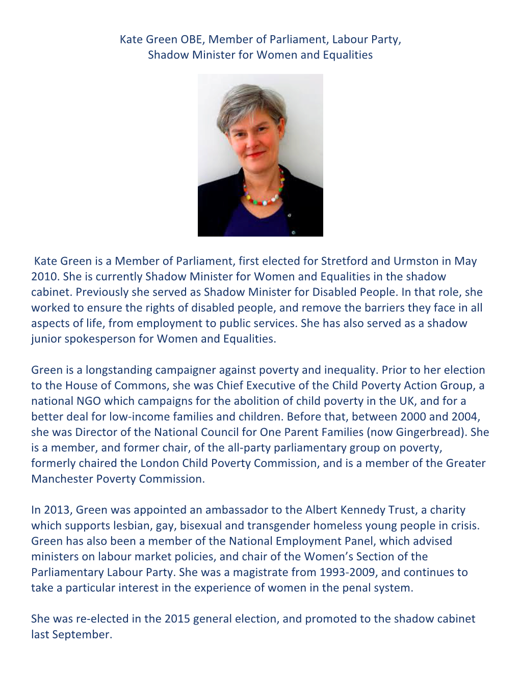 Kate Green OBE, Member of Parliament, Labour Party, Shadow Minister for Women and Equalities