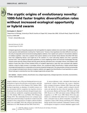 The Cryptic Origins of Evolutionary Novelty: 1000-Fold Faster Trophic Diversiﬁcation Rates Without Increased Ecological Opportunity Or Hybrid Swarm