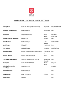 Mo Hausler - Engineer, Mixer, Producer