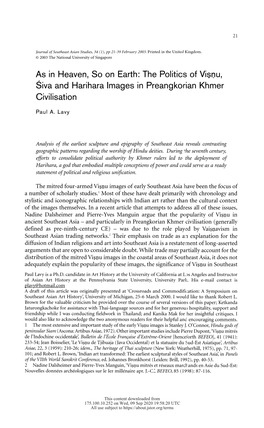 As in Heaven, So on Earth: the Politics of Viṣṇu, Śiva and Harihara Images in Preangkorian Khmer Civilisation