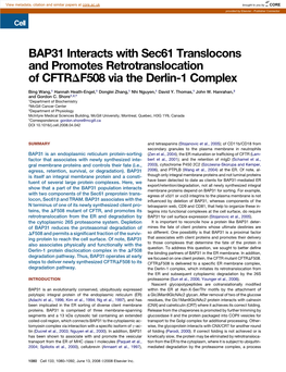 BAP31 Interacts with Sec61 Translocons and Promotes Retrotranslocation of CFTRDF508 Via the Derlin-1 Complex