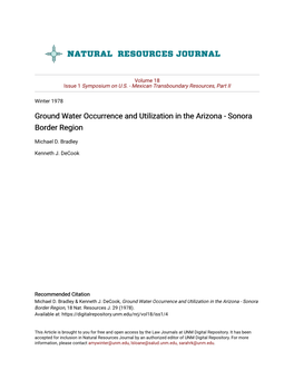 Ground Water Occurrence and Utilization in the Arizona - Sonora Border Region