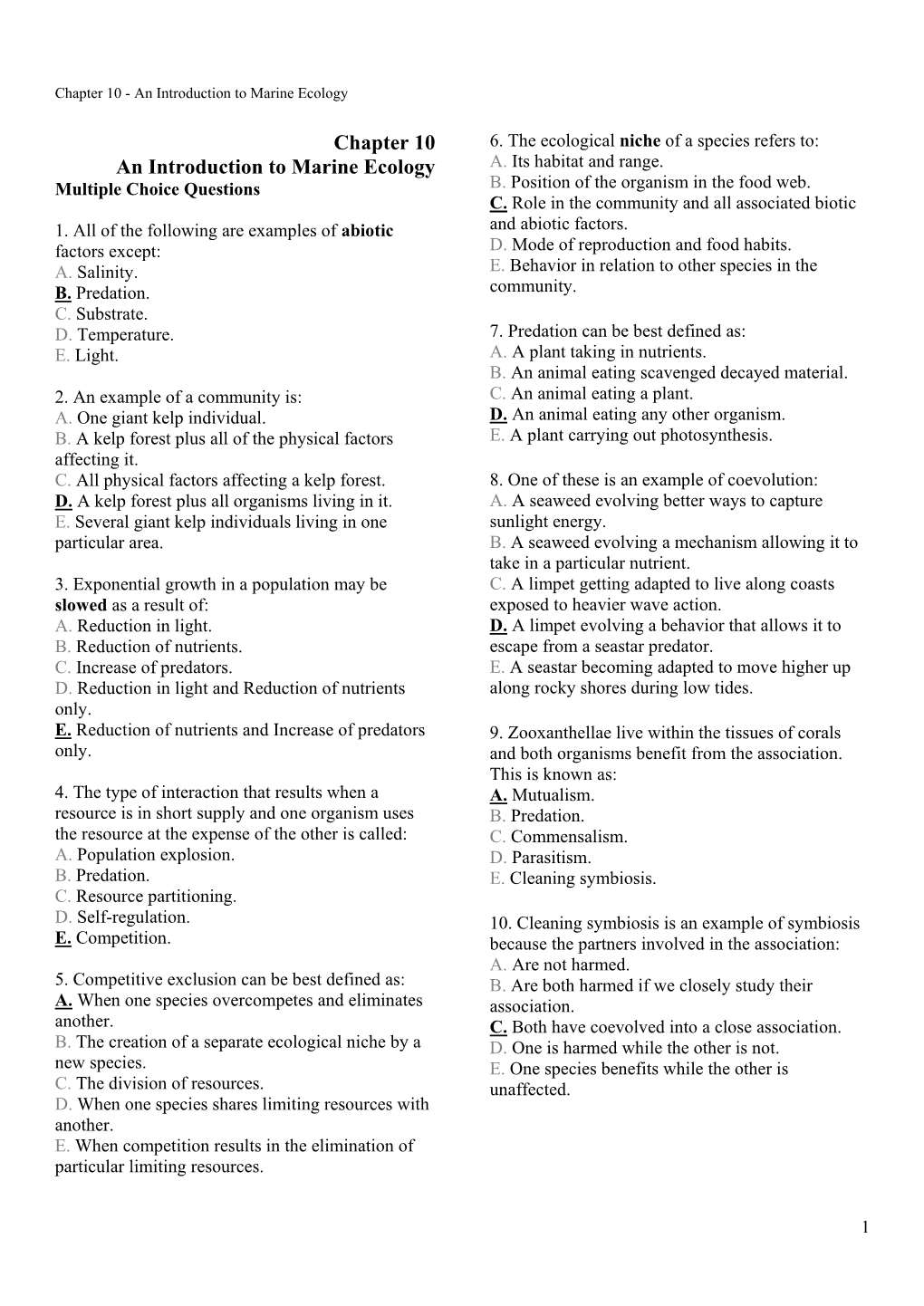 Chapter 10 an Introduction to Marine Ecology