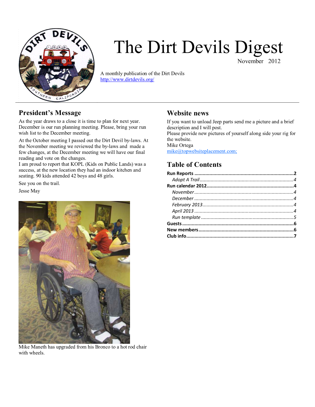 DD Newsletter Nov12 Pg 2 of 8 Printed:11/27/12 Dirt Devils Digest November 2012