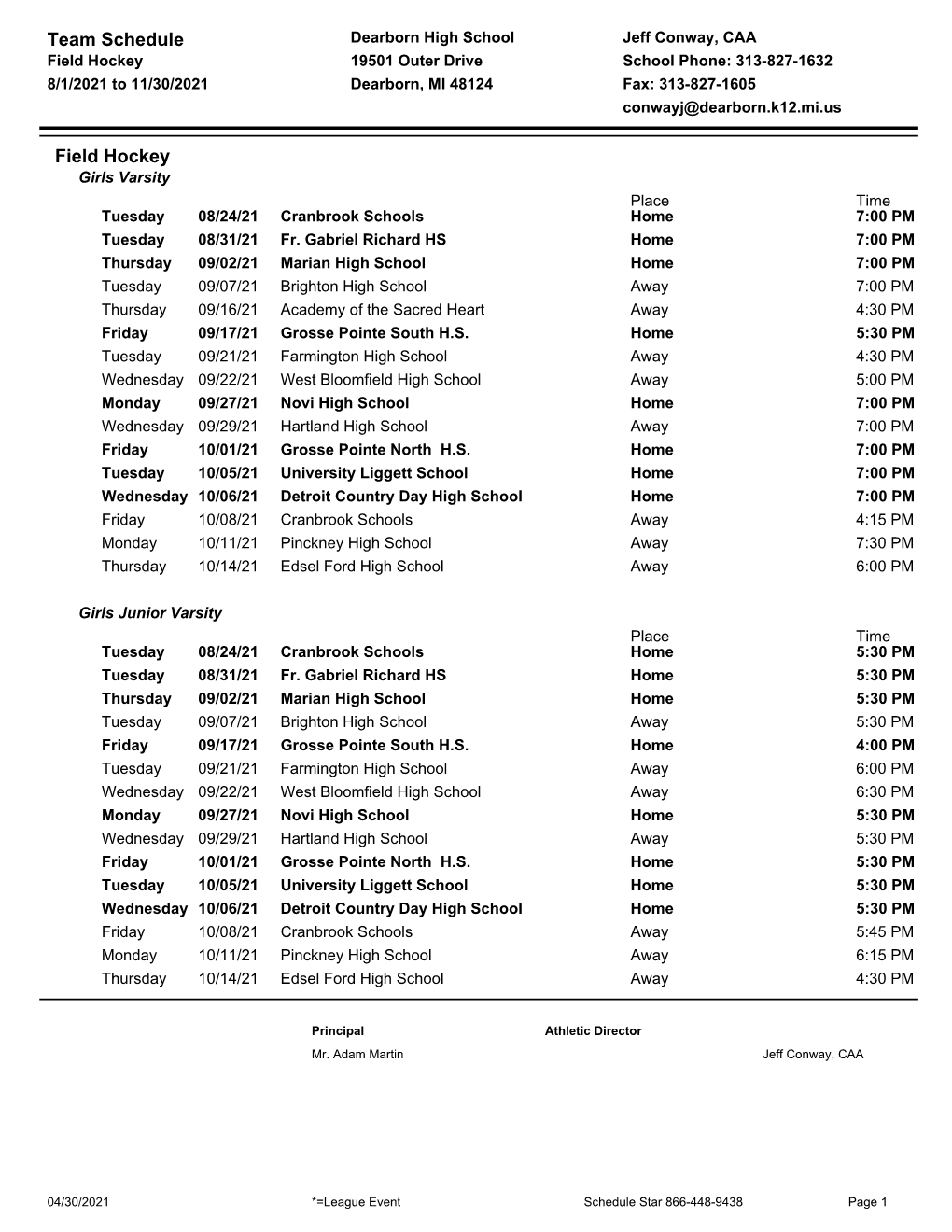 Team Schedule Field Hockey