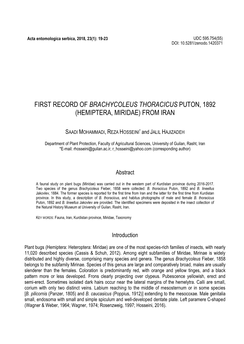 First Record of Brachycoleus Thoracicus Puton, 1892 (Hemiptera, Miridae) from Iran