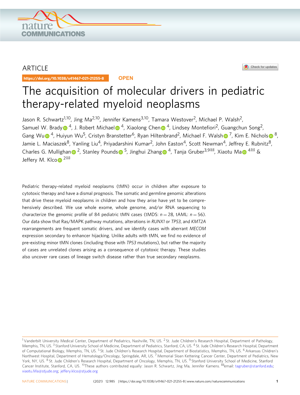 The Acquisition of Molecular Drivers in Pediatric Therapy-Related Myeloid Neoplasms