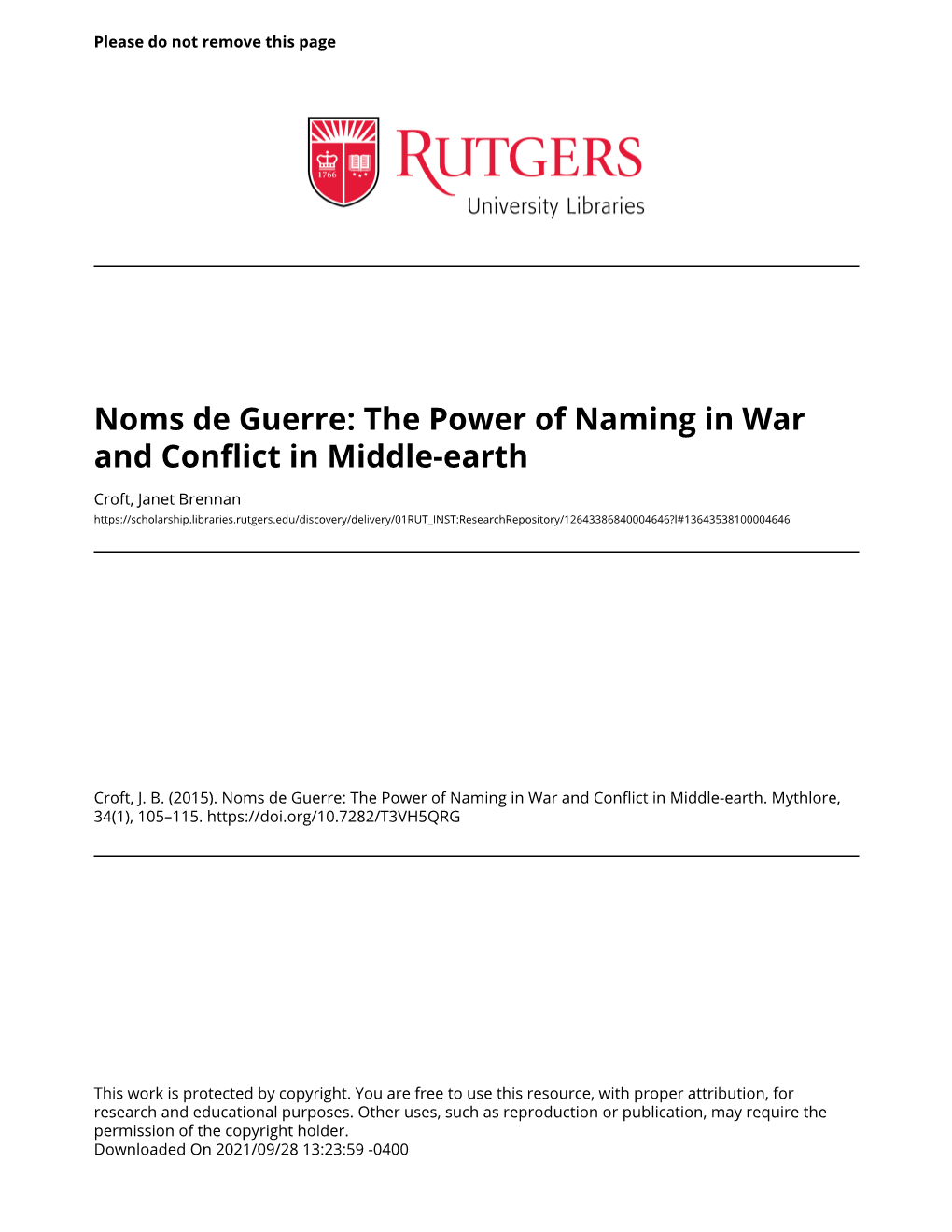 Noms De Guerre: the Power of Naming in War and Conflict in Middle-Earth