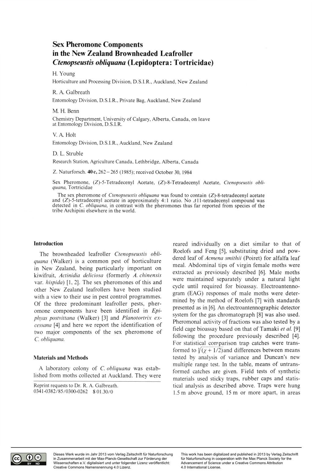 Sex Pheromone Components in the New Zealand Brownheaded Leafroller Ctenopseustis Obliquana (Lepidoptera: Tortricidae) H